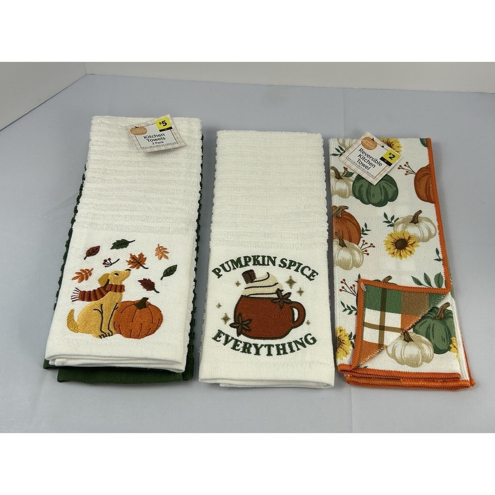 4 Pc Fall Kitchen Towel Set Pumpkin Spice Dog Sunflower Cotton Harvest